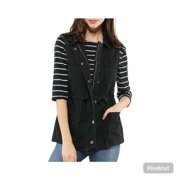 NWOT Size Large Allegra K Womens Black Solid Zip Up Sleeveless Utility Vest - Picture 1 of 10